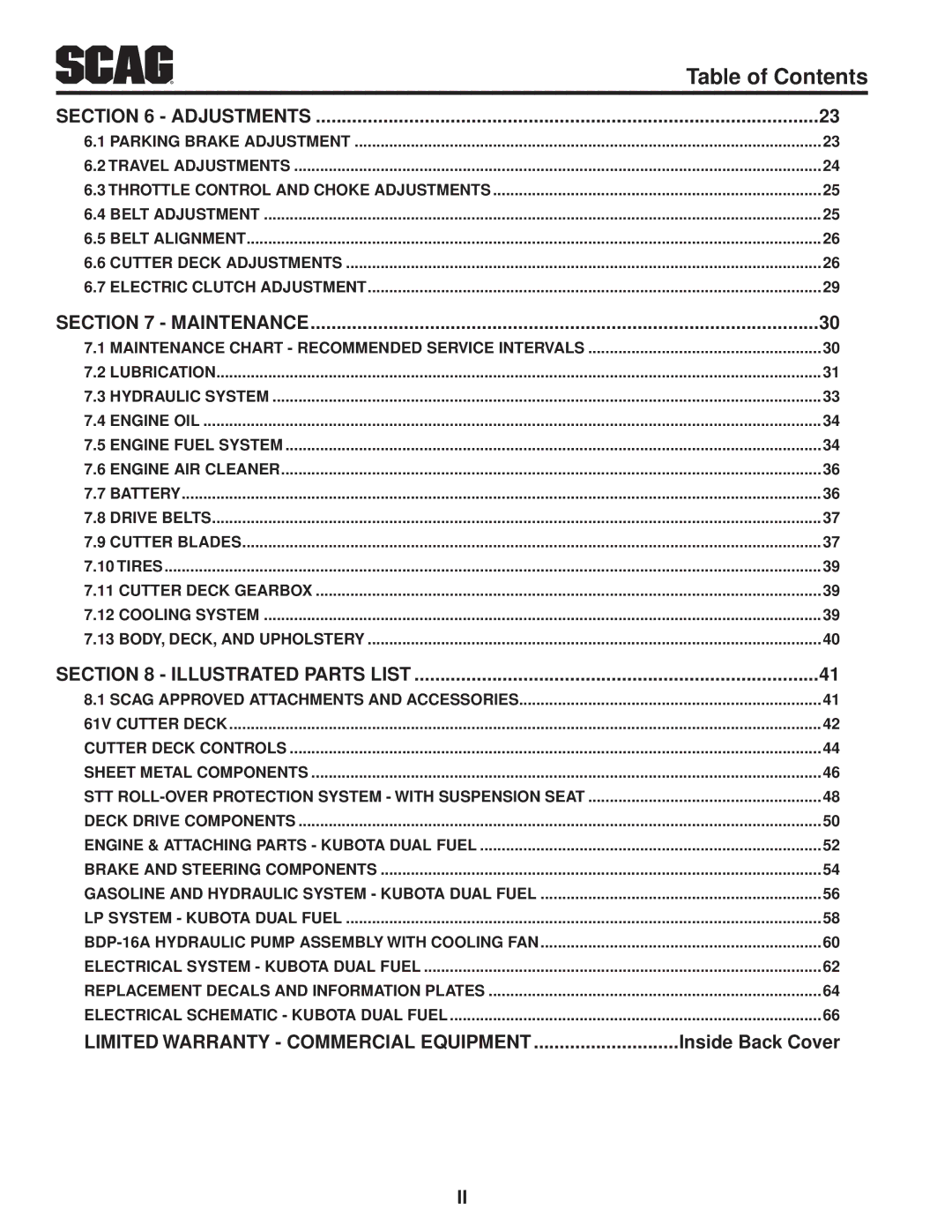 Scag Power Equipment STT61V-29KB-DF manual Inside Back Cover, Adjustments 