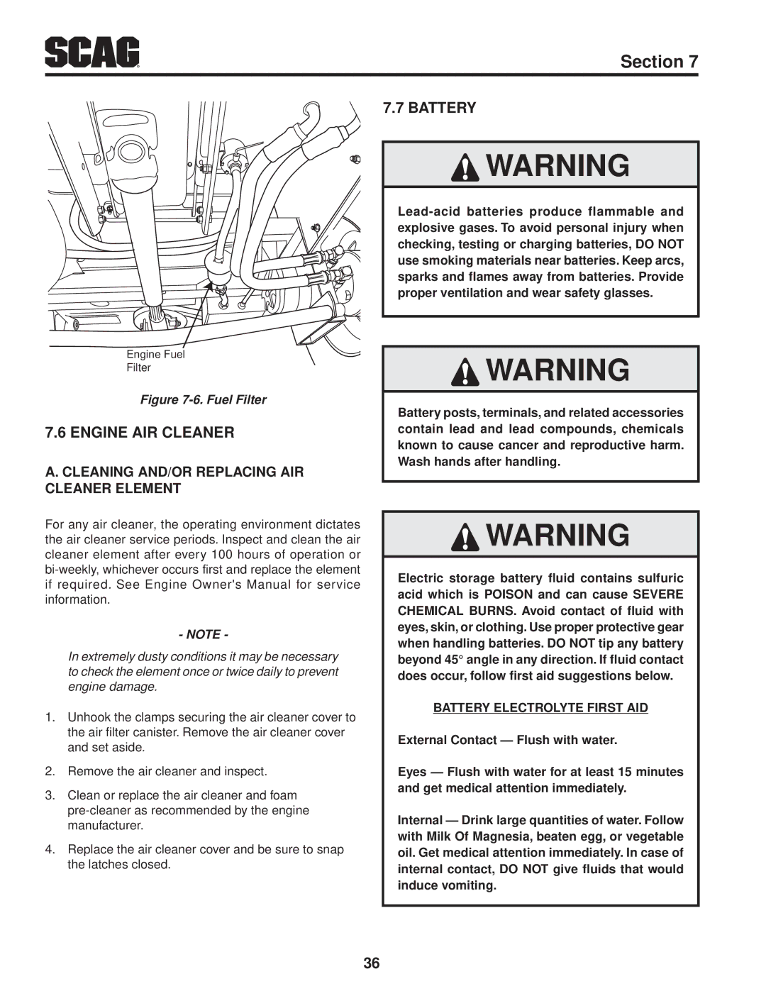 Scag Power Equipment STT61V-29KB-DF manual Engine Air Cleaner, Battery, Cleaning and/or Replacing Air Cleaner Element 