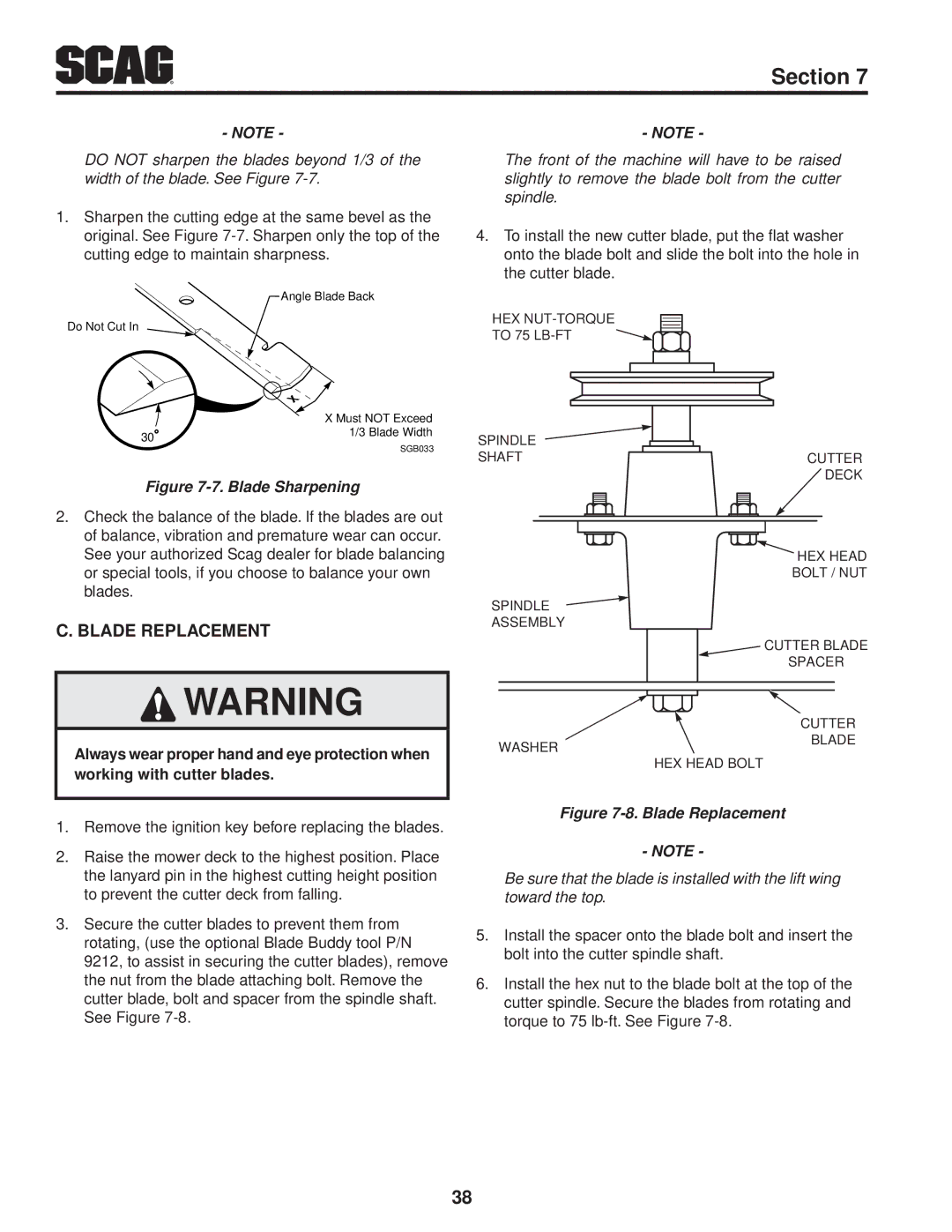 Scag Power Equipment STT61V-29KB-DF manual Blade Replacement, Blade Sharpening 