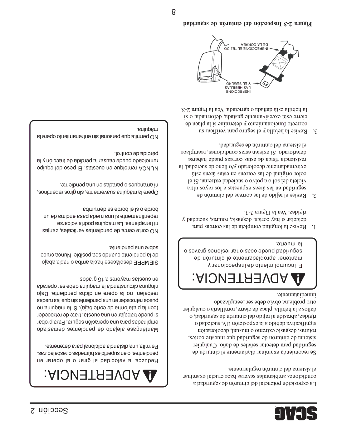 Scag Power Equipment STT61V-31EFI-SS manual Seguridad de cinturón del Inspección 3-2 Figura 