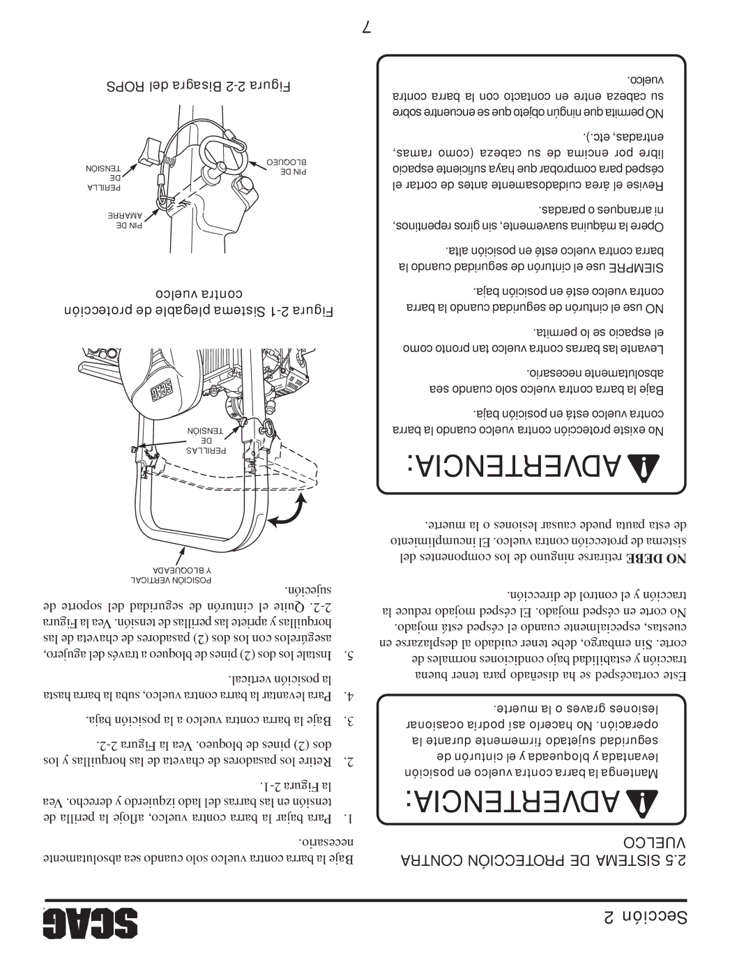 Scag Power Equipment STT61V-31EFI-SS manual Vuelco Contra Protección DE Sistema 