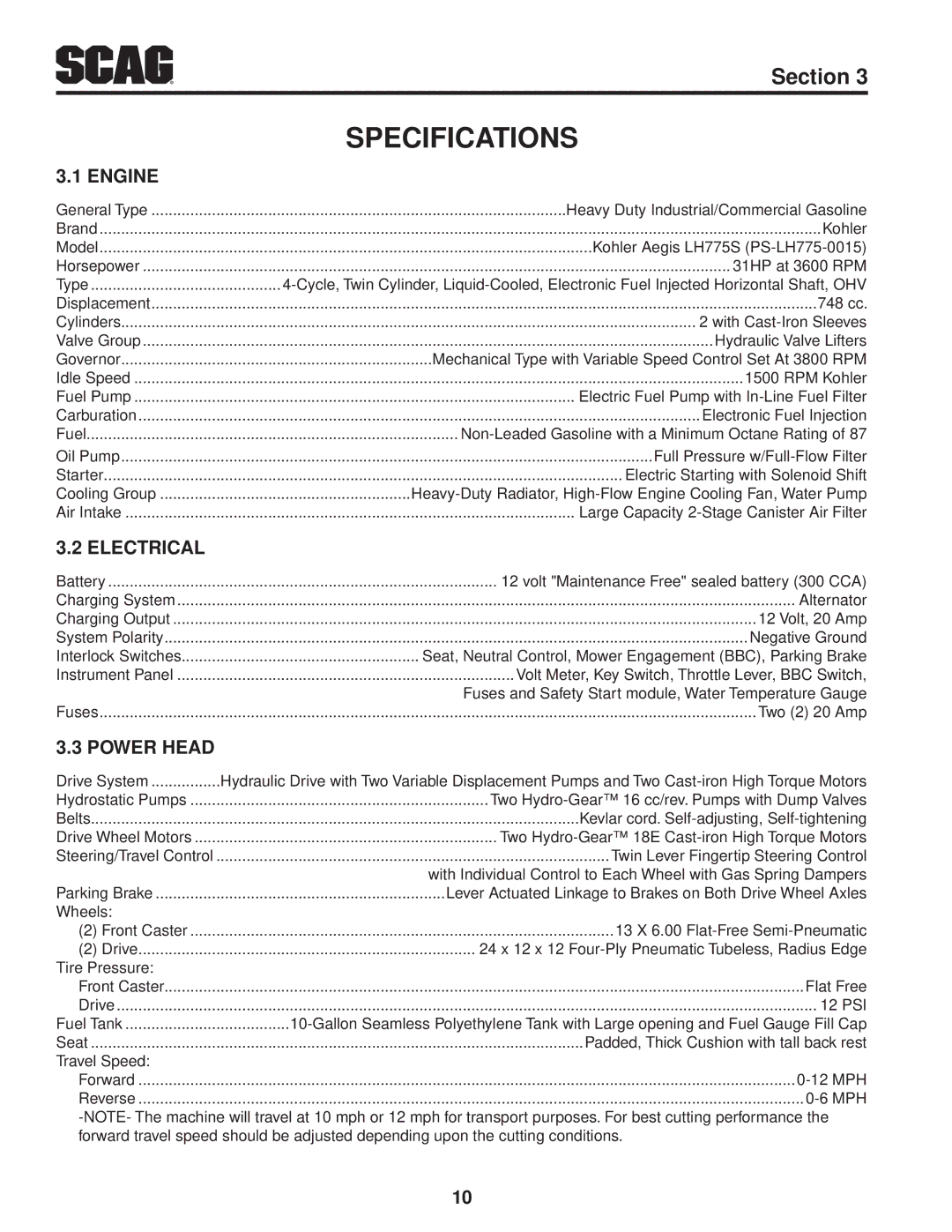 Scag Power Equipment STT61V-31EFI-SS manual Specifications, Engine, Electrical, Power Head 