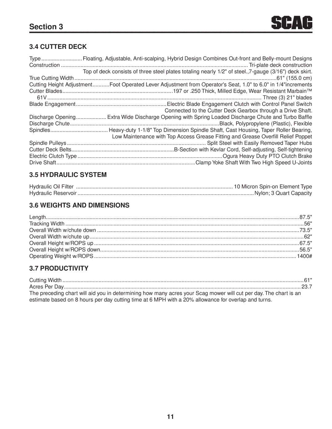 Scag Power Equipment STT61V-31EFI-SS manual Cutter Deck, Hydraulic System, Weights And Dimensions, Productivity 
