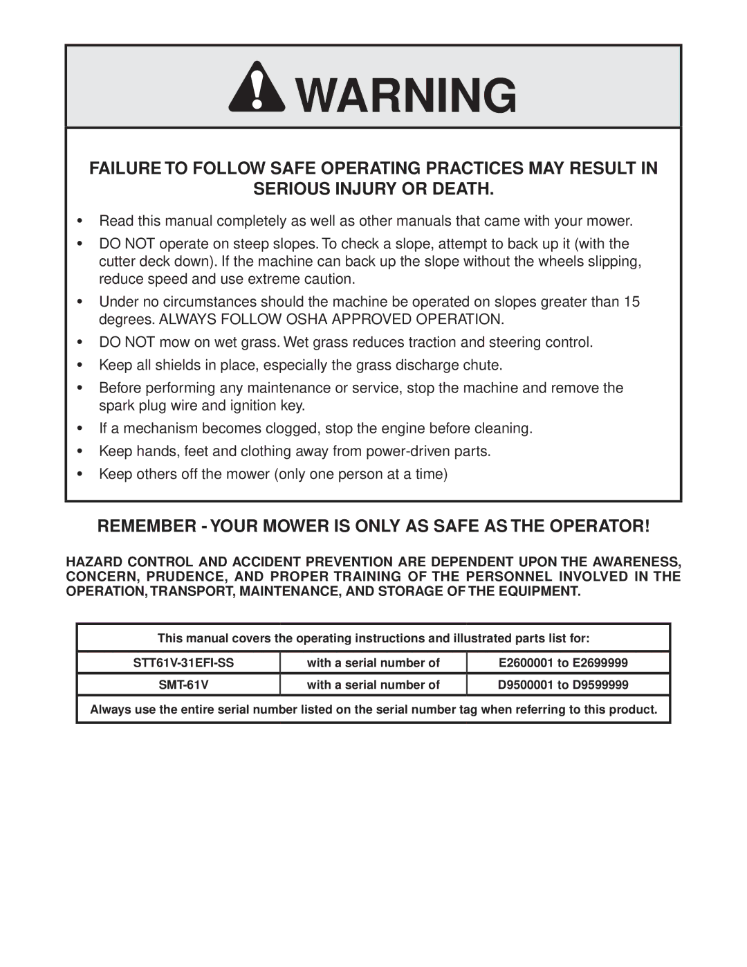 Scag Power Equipment STT61V-31EFI-SS manual Remember Your Mower is only AS Safe AS the Operator 