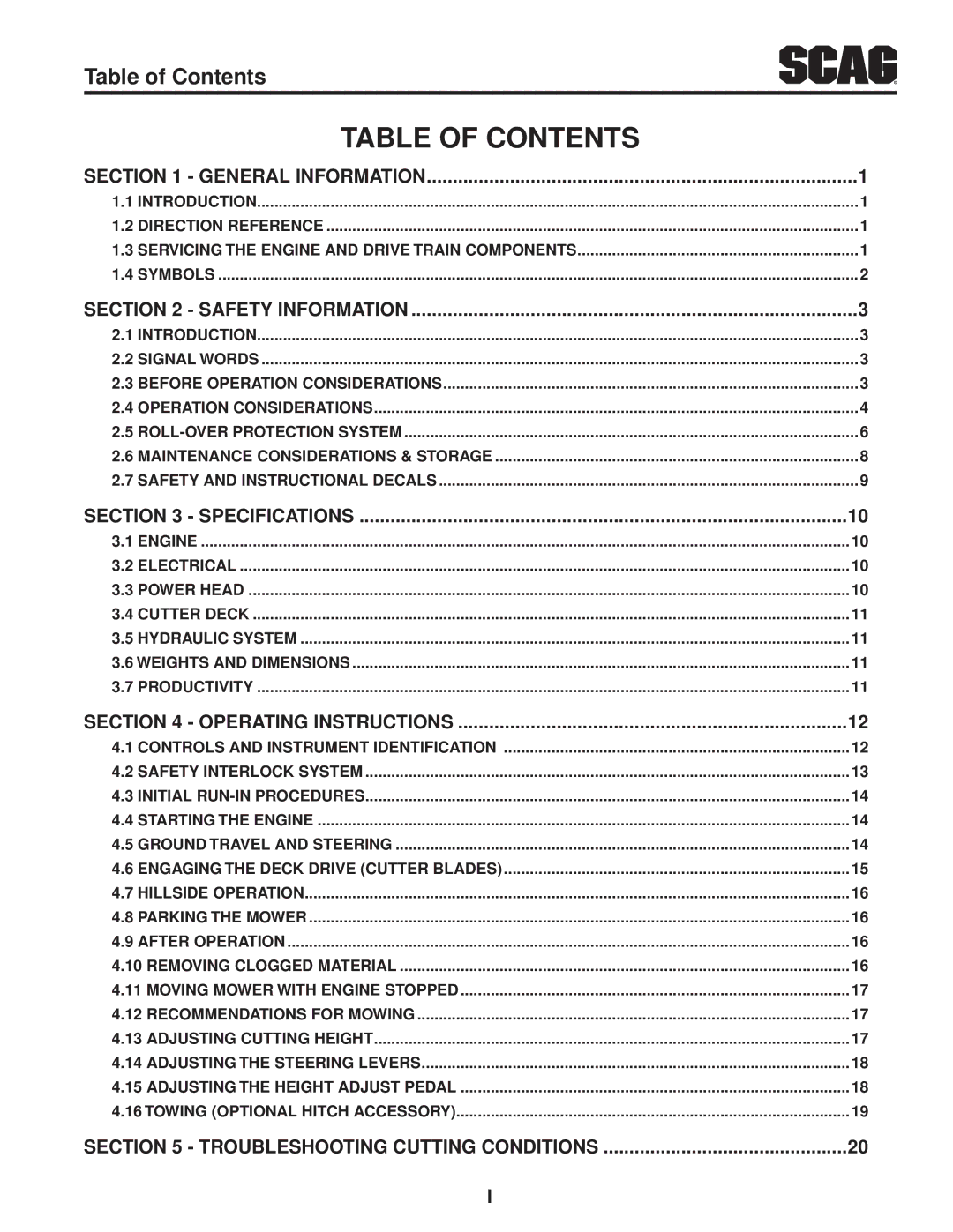 Scag Power Equipment STT61V-31EFI-SS manual Table of Contents 