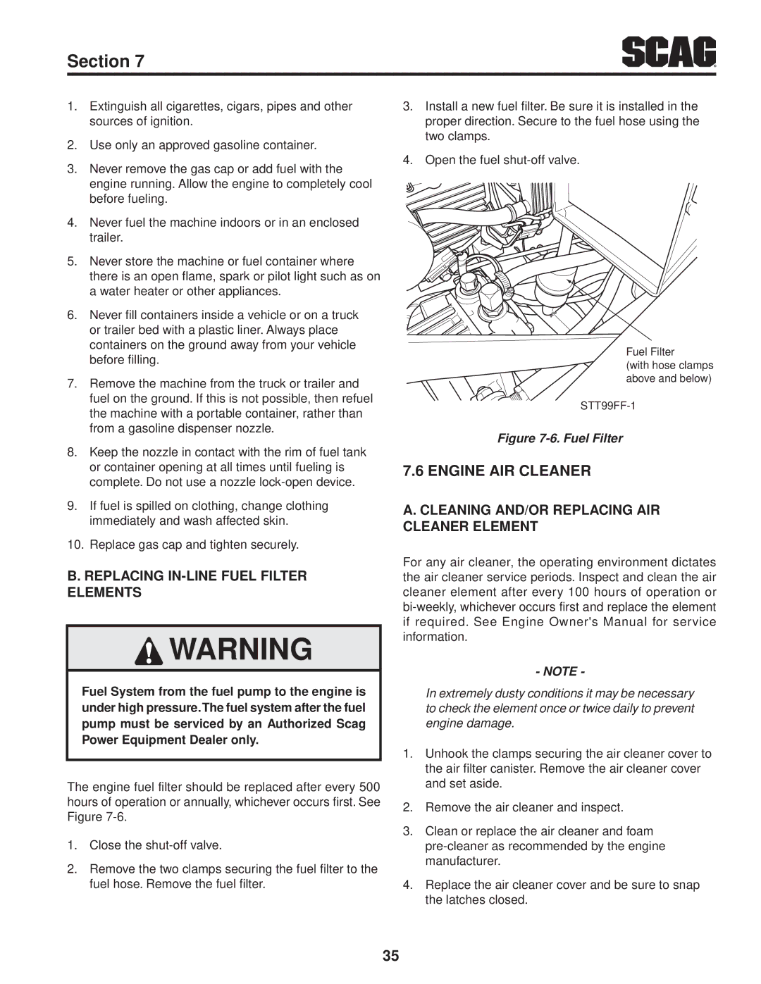 Scag Power Equipment STT61V-31EFI-SS manual Engine Air Cleaner, Replacing In-Line Fuel Filter Elements 