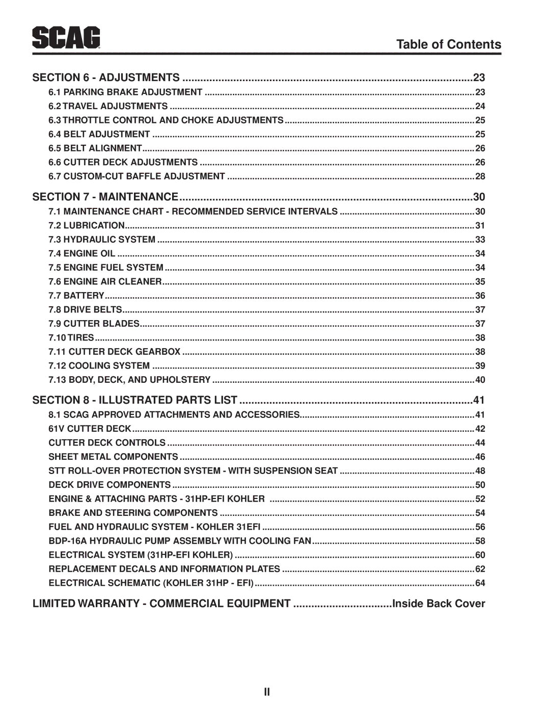 Scag Power Equipment STT61V-31EFI-SS manual Limited Warranty Commercial Equipment, Inside Back Cover 