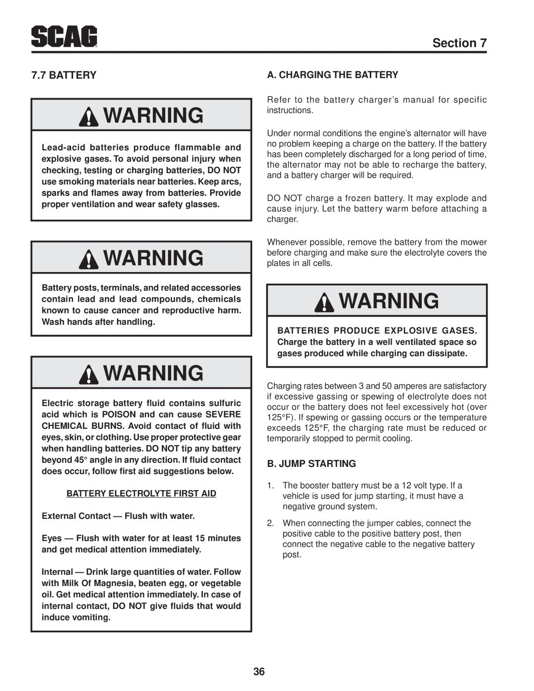 Scag Power Equipment STT61V-31EFI-SS manual Charging the Battery, Jump Starting 