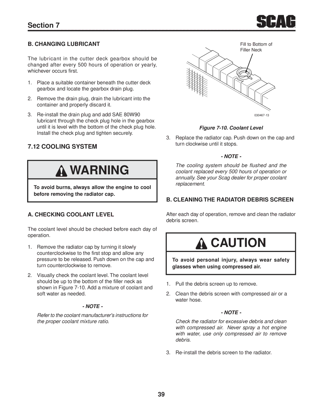 Scag Power Equipment STT61V-31EFI-SS manual Cooling System, Changing Lubricant, Checking Coolant Level 