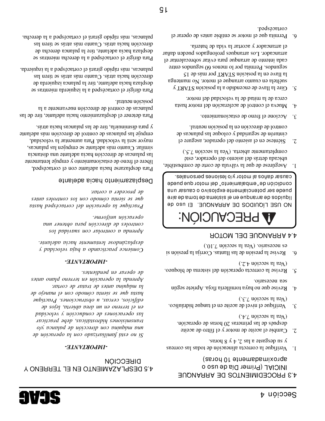 Scag Power Equipment STT61V-31EFI-SS manual Dirección, Terreno EL EN Desplazamiento, Arranque DE Procedimientos 