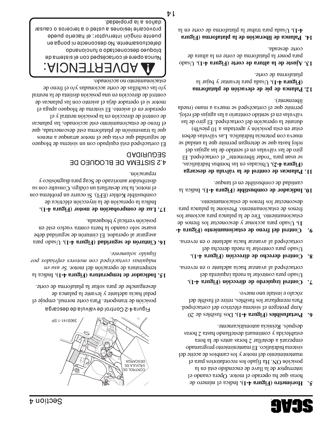 Scag Power Equipment STT61V-31EFI-SS manual Seguridad DE Bloqueo DE Sistema, Plataforma de elevación de pie de Palanca 