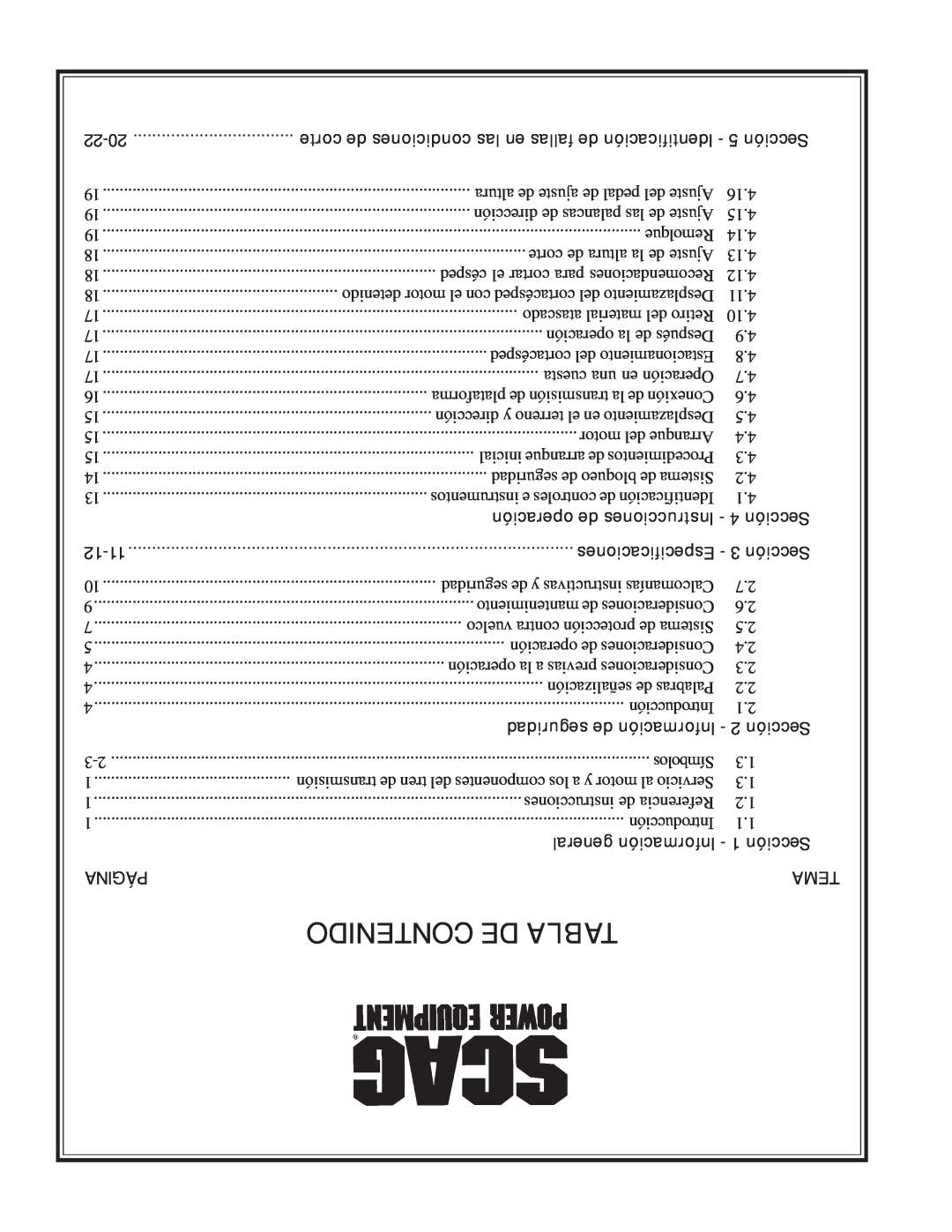 Scag Power Equipment STT61V-31EFI-SS manual Contenido De Tabla, operación de Instrucciones - 4 Sección, 12-11, Página, Tema 
