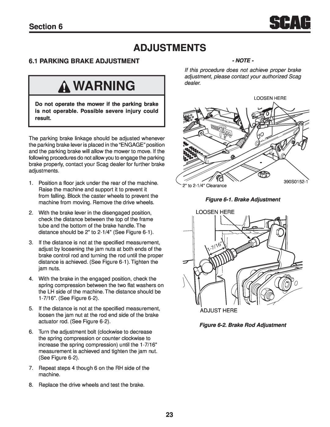 Scag Power Equipment STT61V-31EFI-SS manual Adjustments, Parking Brake Adjustment, Section, 1. Brake Adjustment 