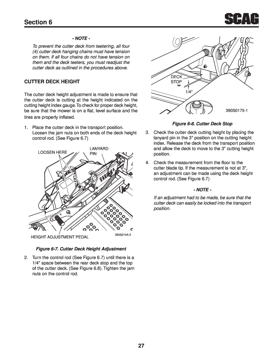 Scag Power Equipment STT61V-31EFI-SS manual Section, 8. Cutter Deck Stop, 7. Cutter Deck Height Adjustment 