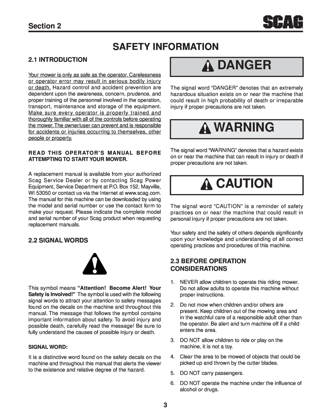 Scag Power Equipment STT61V-31EFI-SS manual Danger, Safety Information, Introduction, Signal Words, Section 