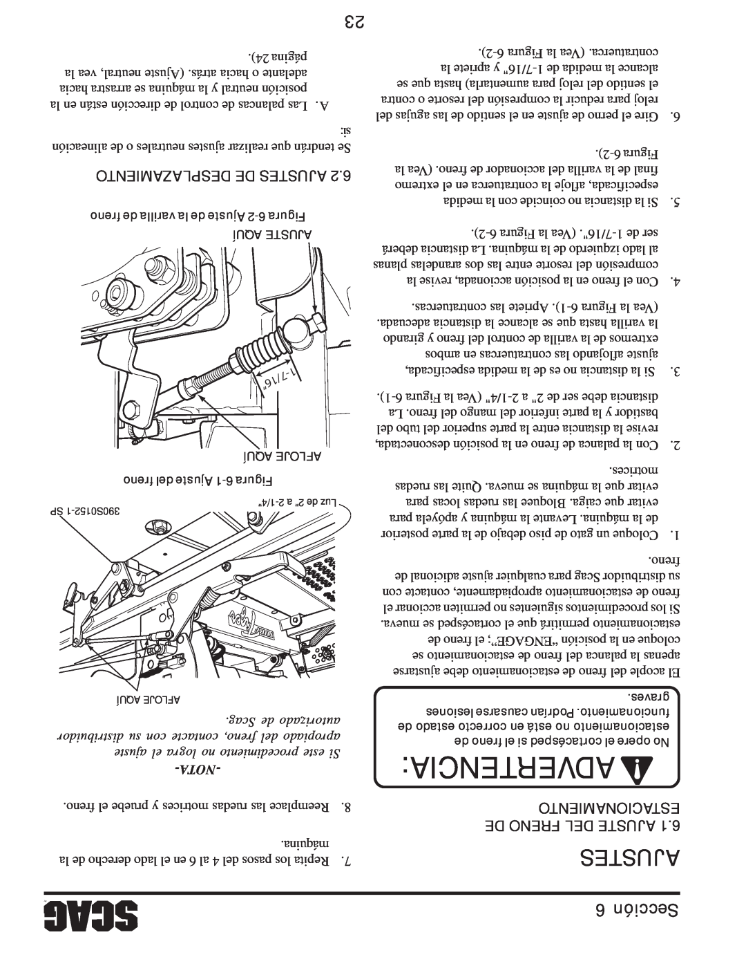 Scag Power Equipment STT61V-31EFI-SS manual Desplazamiento De Ajustes, Advertencia, Sección, Scag de autorizado, Nota 