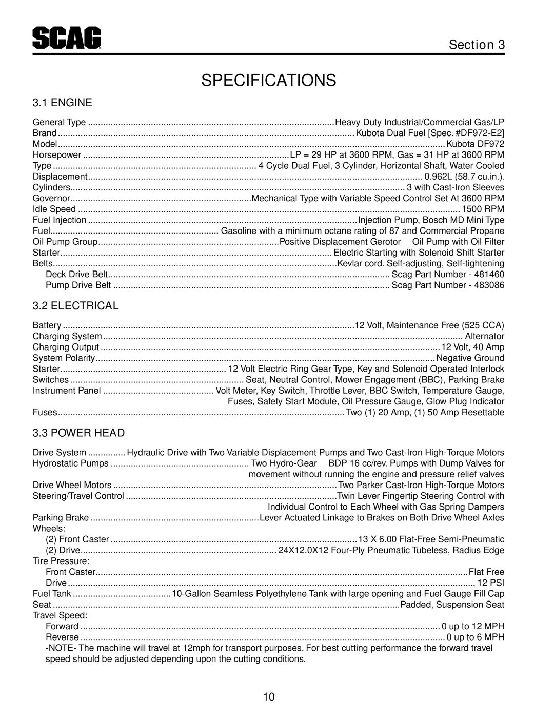 Scag Power Equipment STT61V-31KB-DF manual Specifications, Engine, Electrical, Power Head 