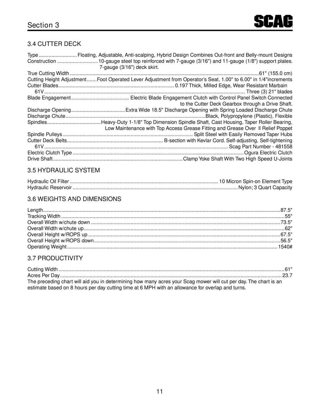 Scag Power Equipment STT61V-31KB-DF manual Cutter Deck, Hydraulic System, Weights And Dimensions, Productivity 