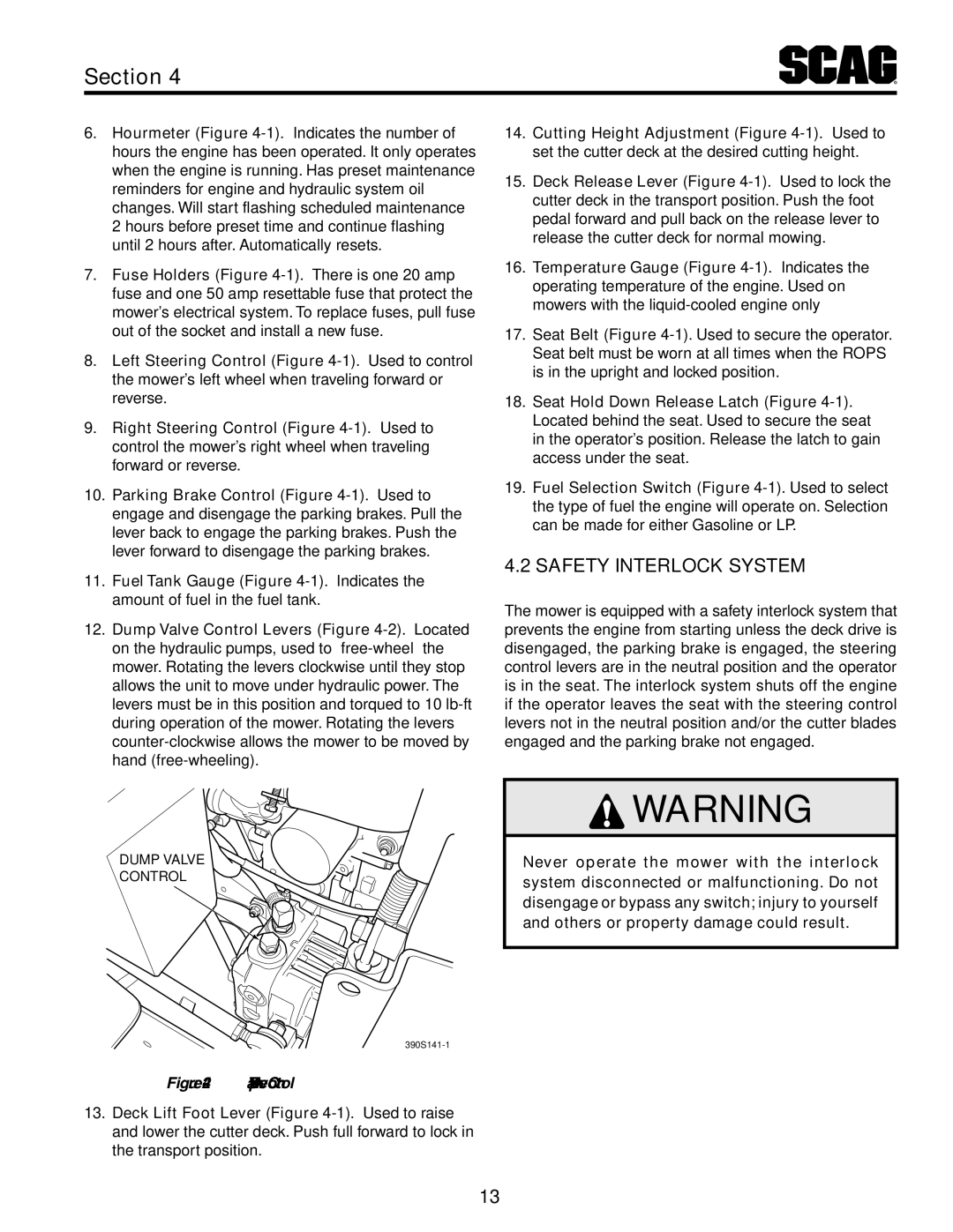 Scag Power Equipment STT61V-31KB-DF manual Safety Interlock System, Dump Valve Control 