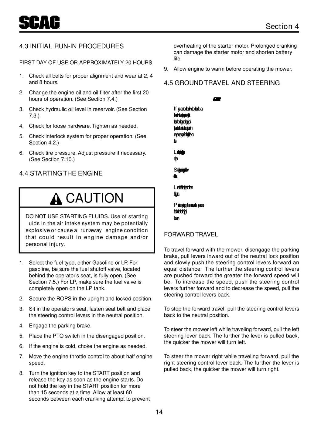 Scag Power Equipment STT61V-31KB-DF manual Initial Run-In Procedures, Starting The Engine, Ground Travel And Steering 