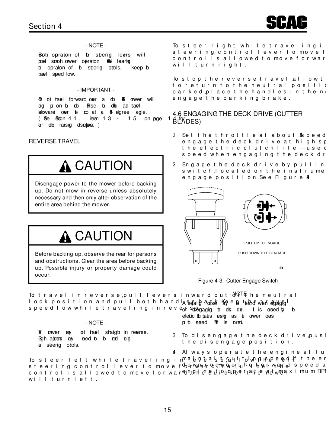 Scag Power Equipment STT61V-31KB-DF manual Engaging The Deck Drive Cutter Blades, Reverse Travel 