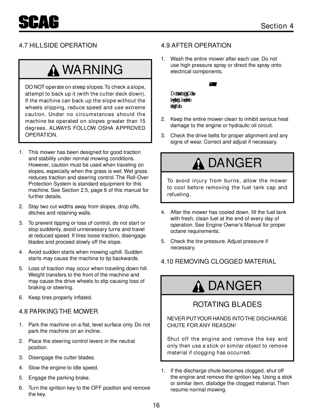 Scag Power Equipment STT61V-31KB-DF manual Rotating Blades, Hillside Operation, Parking The Mower, After Operation 