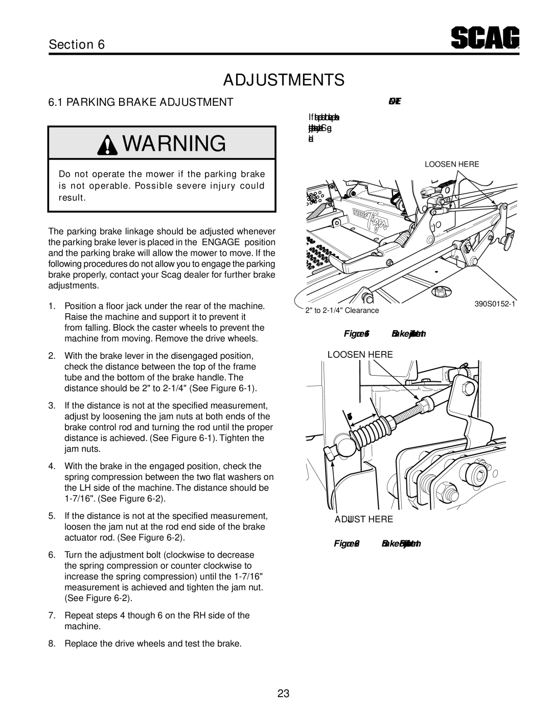 Scag Power Equipment STT61V-31KB-DF manual Adjustments, Parking Brake Adjustment 