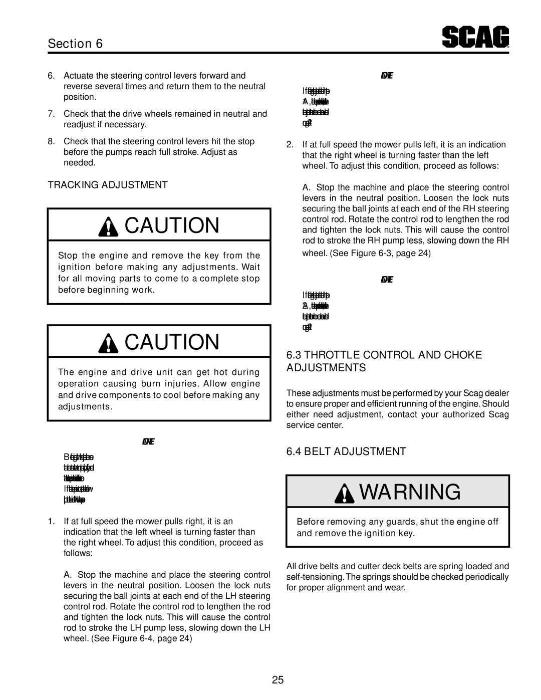 Scag Power Equipment STT61V-31KB-DF manual Throttle Control and Choke Adjustments, Tracking Adjustment 