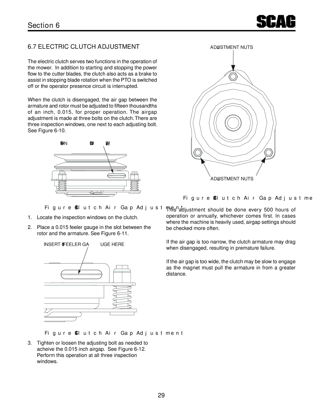 Scag Power Equipment STT61V-31KB-DF manual Electric clutch adjustment, Clutch Air Gap Adjustment 