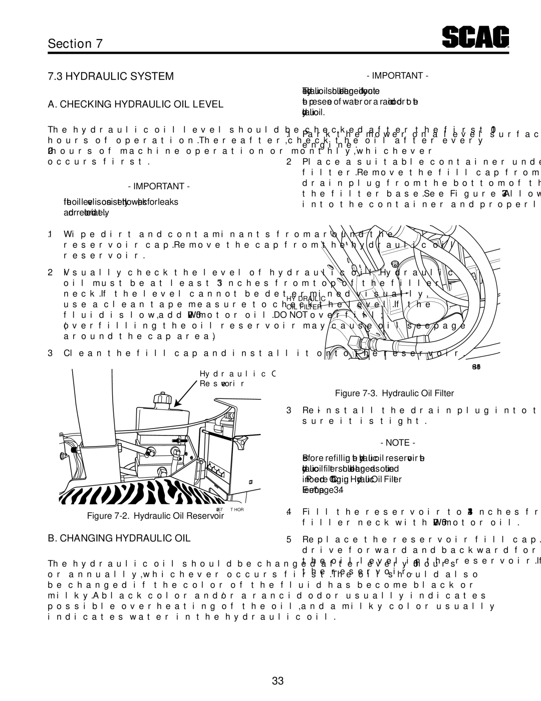 Scag Power Equipment STT61V-31KB-DF manual Checking Hydraulic Oil Level, Changing Hydraulic Oil 