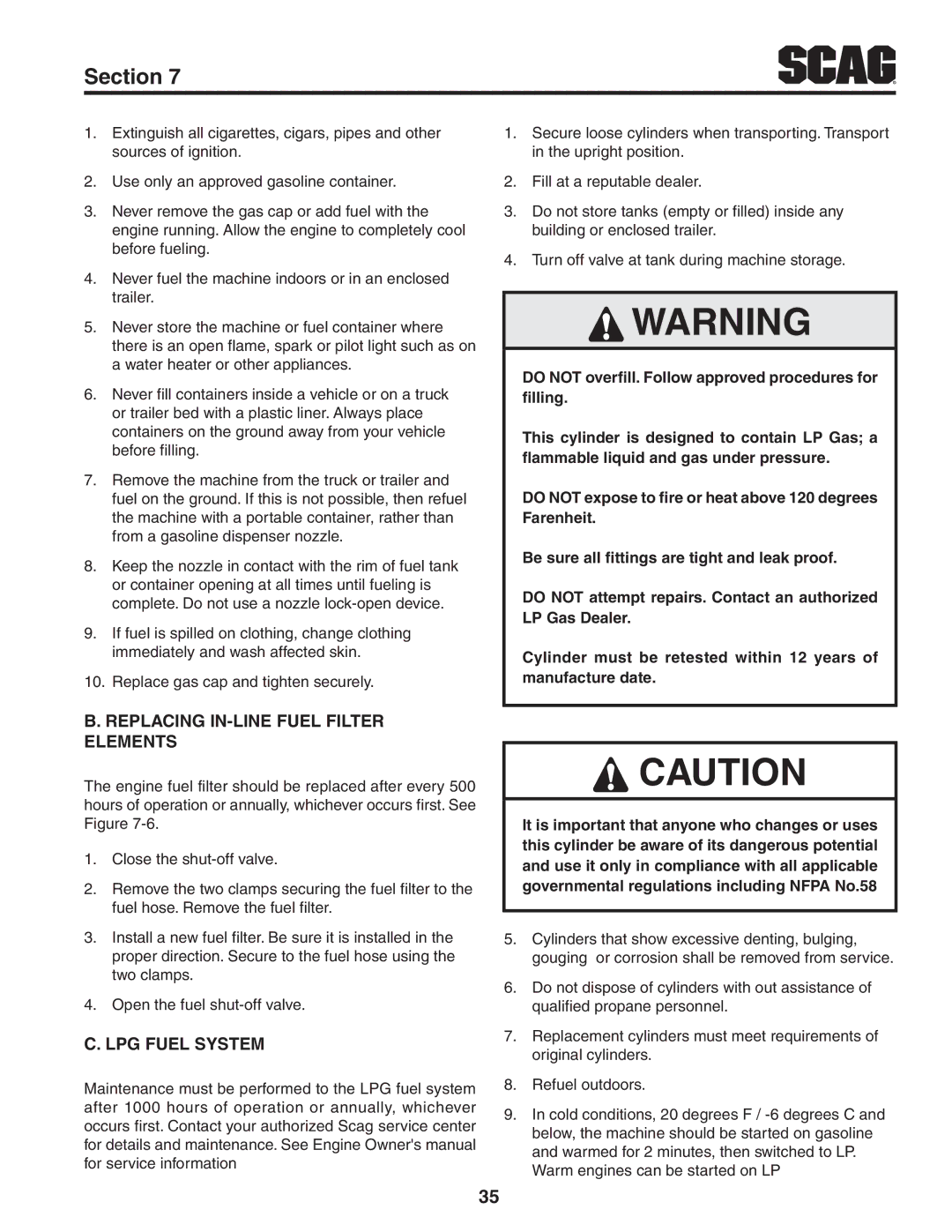 Scag Power Equipment STT61V-31KB-DF manual Replacing In-Line Fuel Filter Elements, Lpg fUel system 