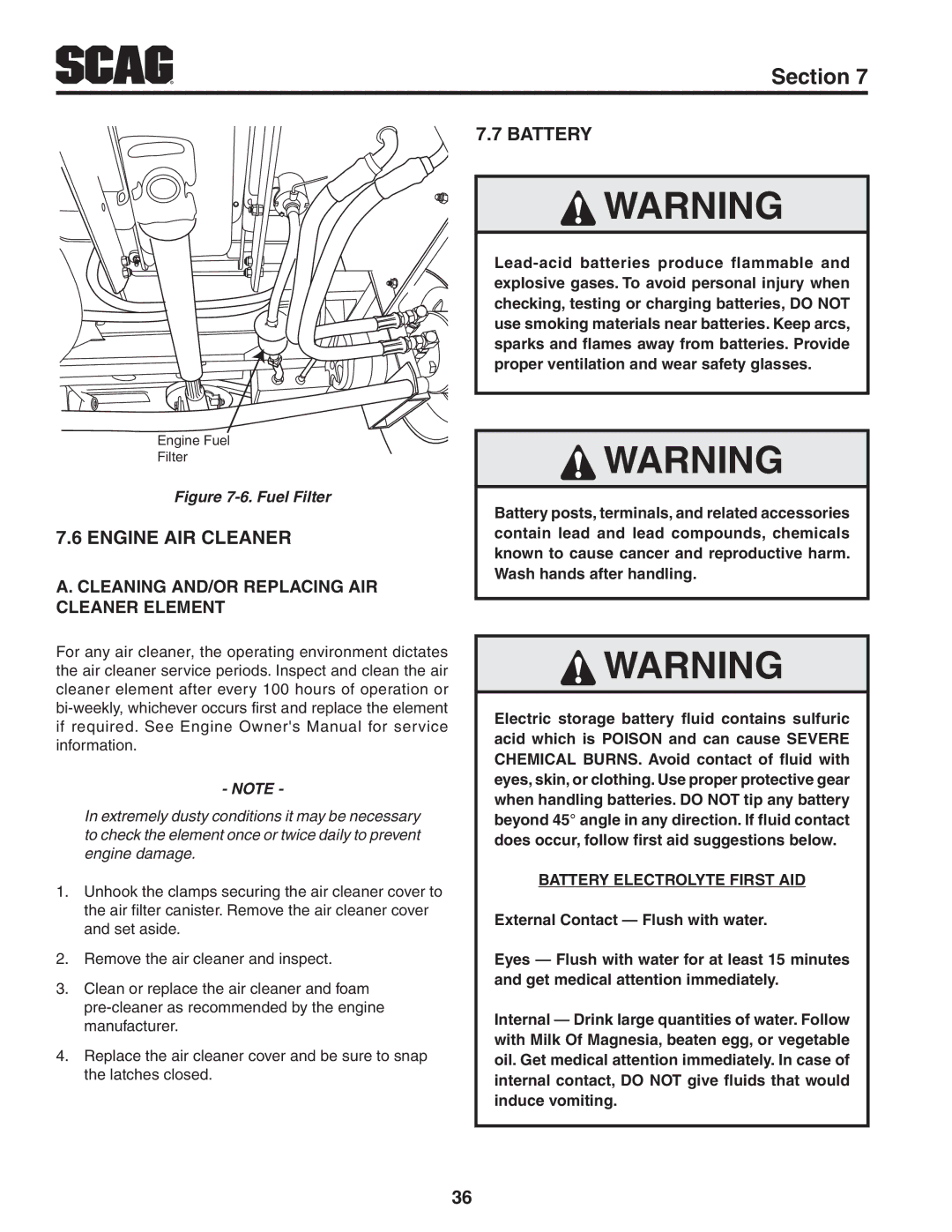 Scag Power Equipment STT61V-31KB-DF manual Engine Air Cleaner, Battery, Cleaning and/or Replacing Air Cleaner Element 