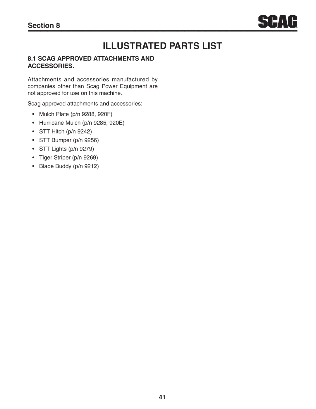 Scag Power Equipment STT61V-31KB-DF manual Illustrated Parts List, Scag Approved Attachments and Accessories 