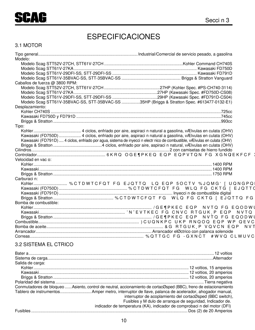 Scag Power Equipment STT61V-27DFI-SS, STT61V-35BVAC-SS, STT-35BVAC-SS operating instructions Especificaciones, Mo1.t3or 