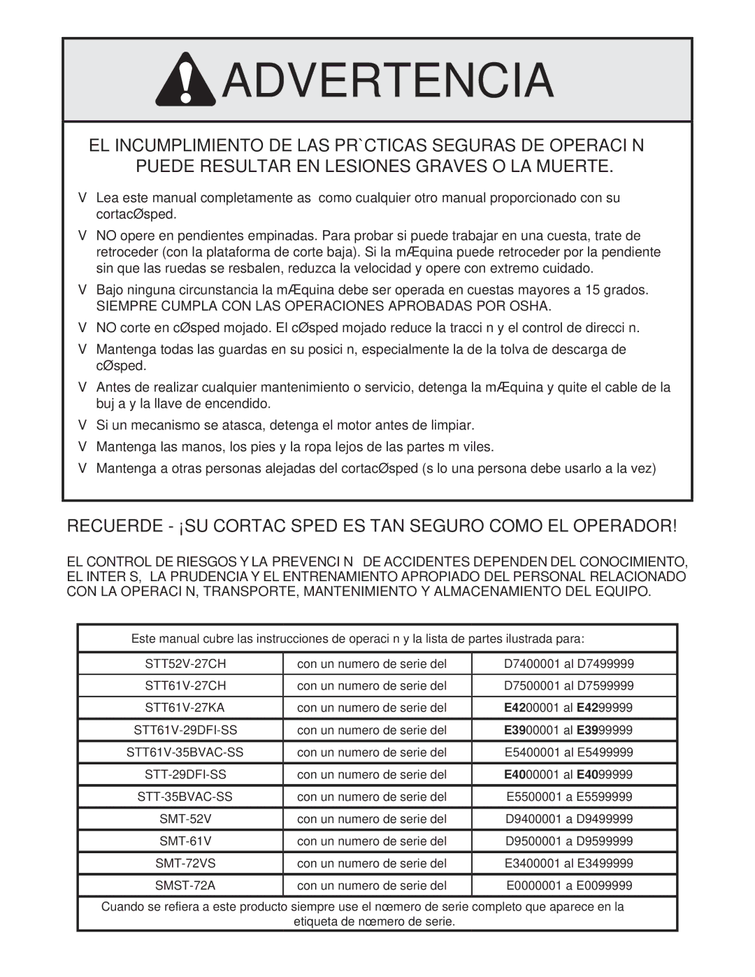 Scag Power Equipment STT-35BVAC-SS, STT61V-35BVAC-SS, STT61V-27DFI-SS Muerte LA O Graves Lesiones EN Resultar Puede 