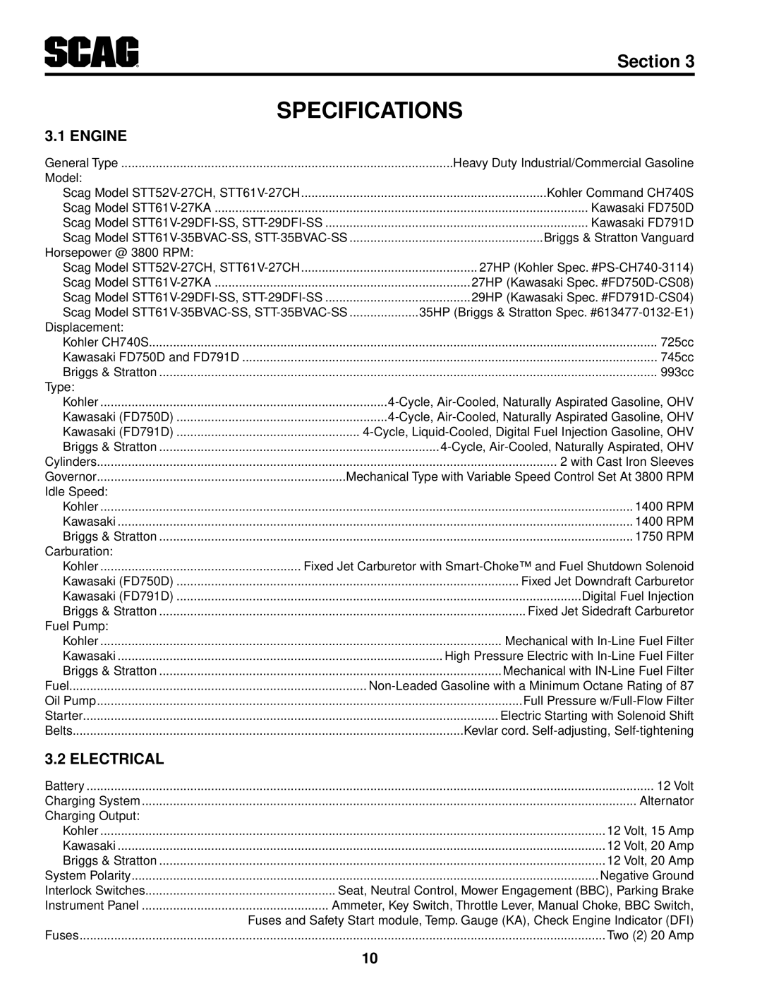 Scag Power Equipment STT61V-35BVAC-SS, STT61V-27DFI-SS, STT-35BVAC-SS Specifications, Engine, Electrical 