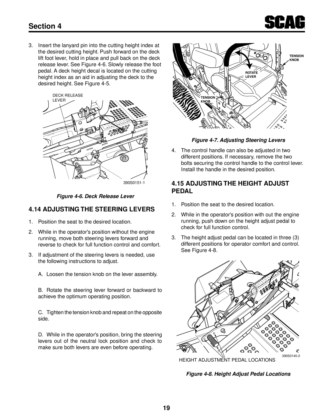 Scag Power Equipment STT61V-35BVAC-SS, STT61V-27DFI-SS Adjusting The Steering Levers, Adjusting The Height Adjust Pedal 