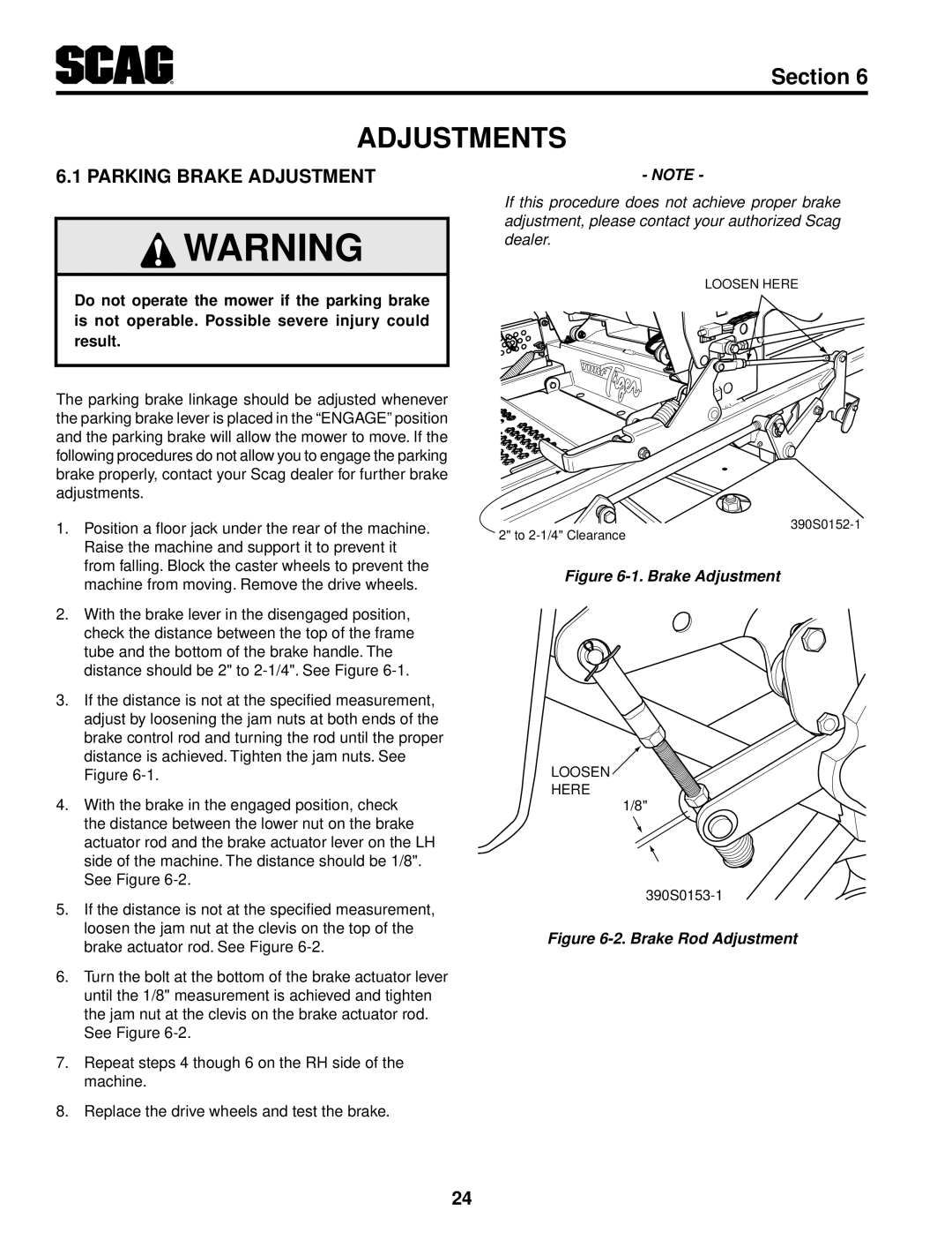 Scag Power Equipment STT-35BVAC-SS, STT61V-35BVAC-SS, STT61V-27DFI-SS Adjustments, Parking Brake Adjustment 