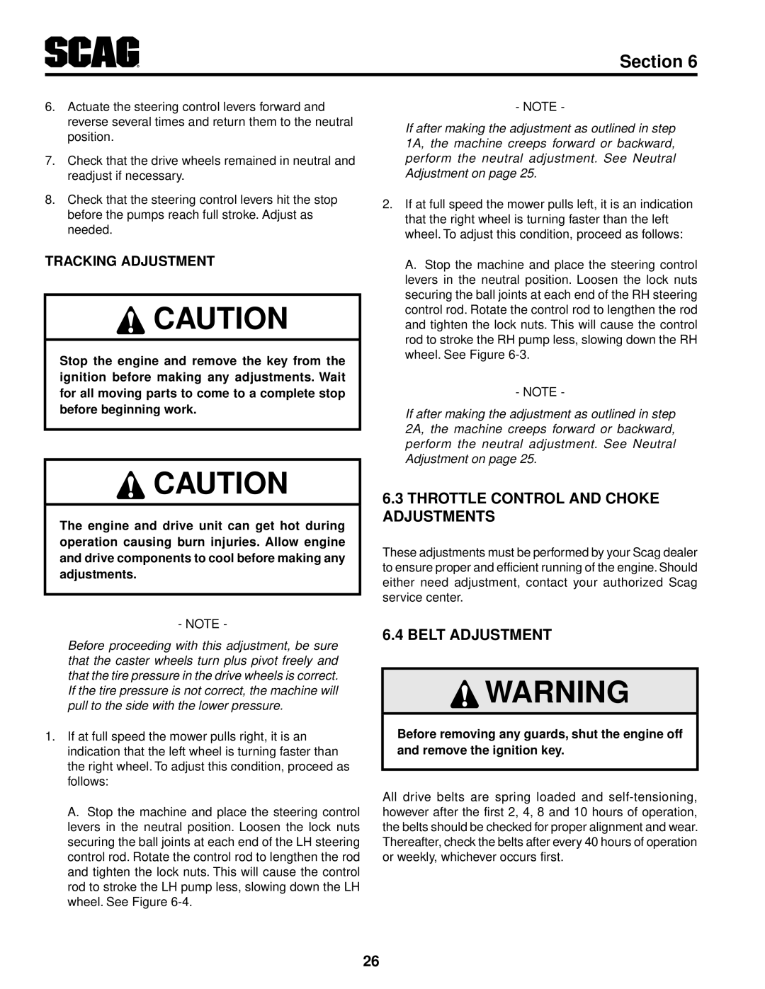 Scag Power Equipment STT61V-27DFI-SS Throttle Control And Choke Adjustments, Belt Adjustment, Tracking Adjustment 