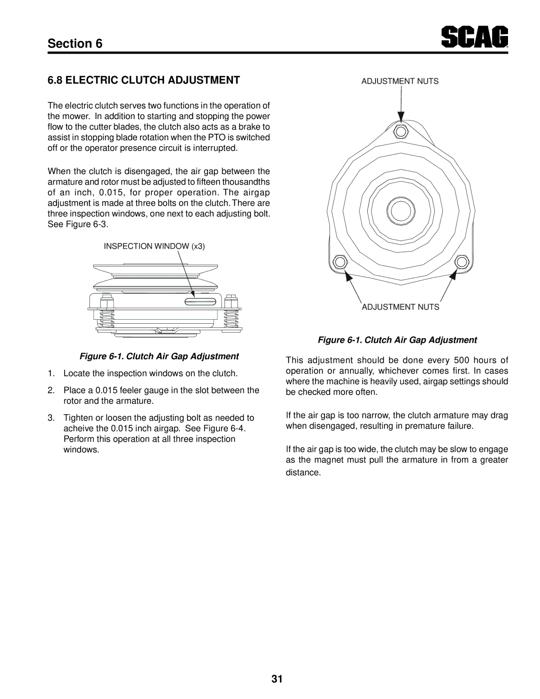 Scag Power Equipment STT61V-35BVAC-SS, STT61V-27DFI-SS, STT-35BVAC-SS Electric clutch adjustment, Clutch Air Gap Adjustment 