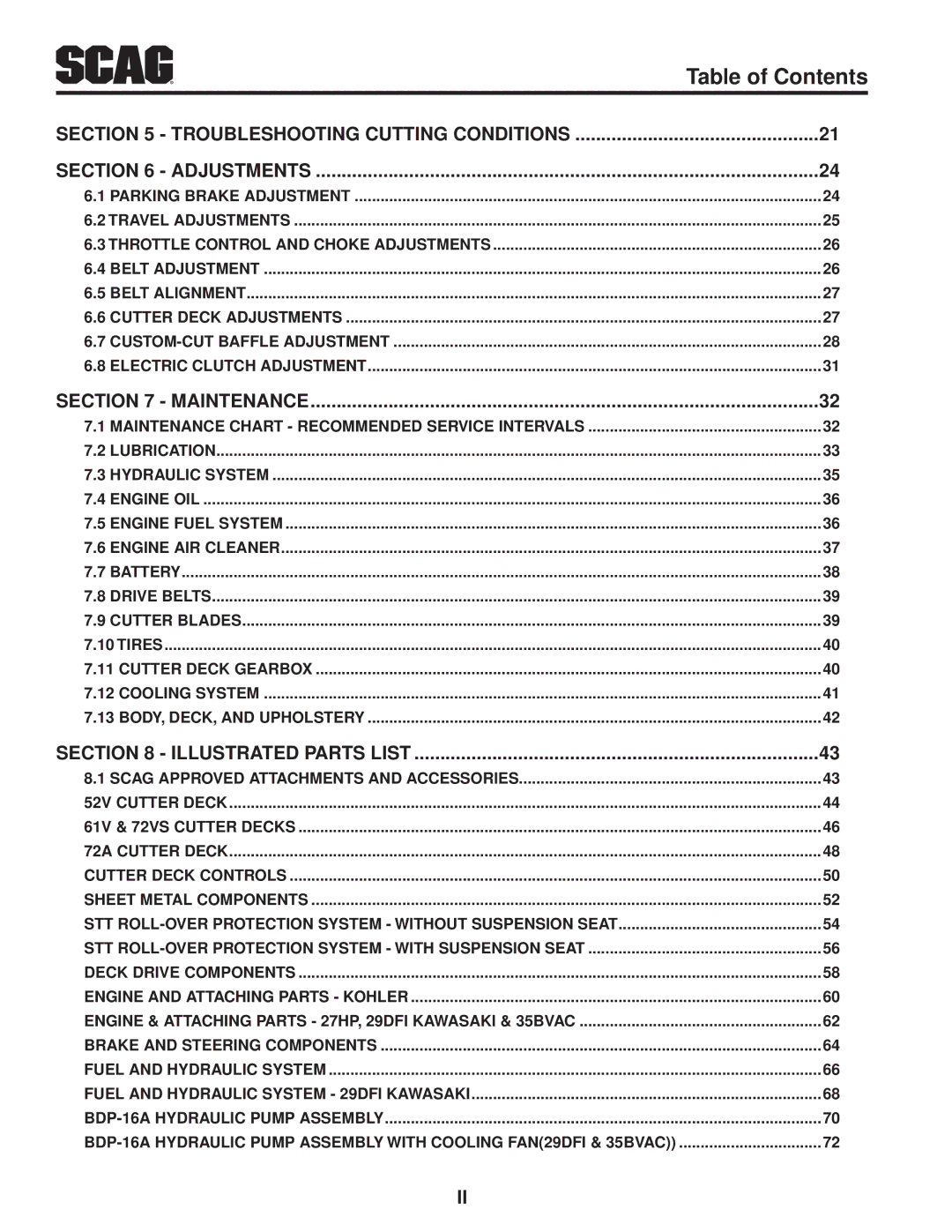 Scag Power Equipment STT61V-27DFI-SS, STT61V-35BVAC-SS Parking Brake Adjustment, Throttle Control And Choke Adjustments 