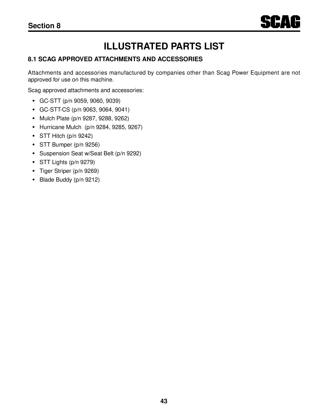 Scag Power Equipment STT61V-35BVAC-SS, STT61V-27DFI-SS Illustrated Parts List, Scag Approved Attachments And Accessories 