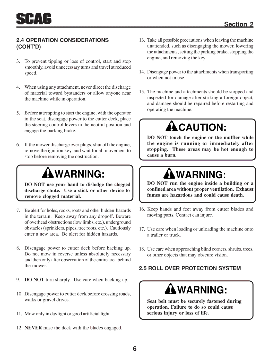 Scag Power Equipment STWC operating instructions Operation Considerations Contd, Roll Over Protection System 