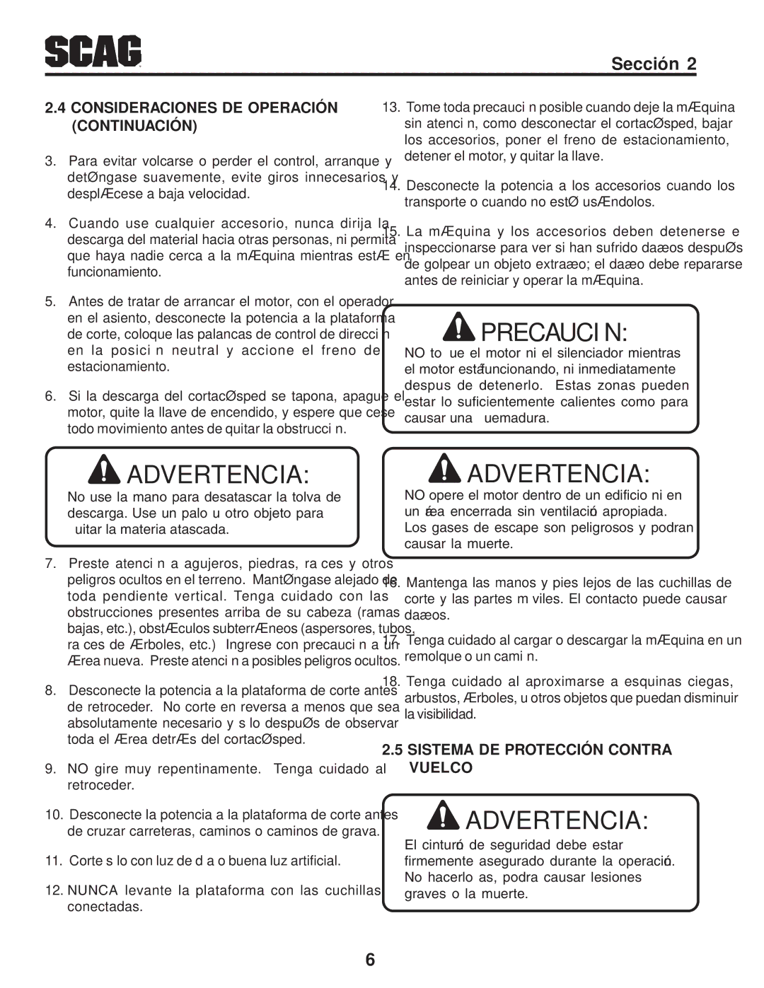 Scag Power Equipment STWC Continuación, Vuelco Contra Protección DE Sistema, Operación DE Consideraciones 