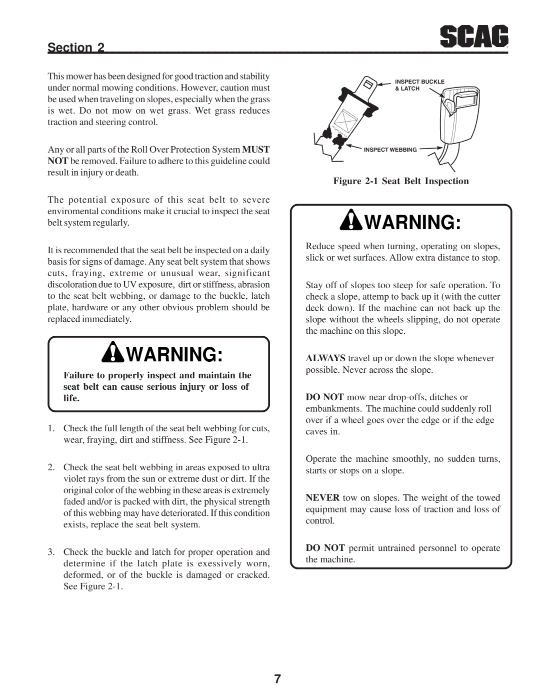 Scag Power Equipment STWC operating instructions Seat Belt Inspection 