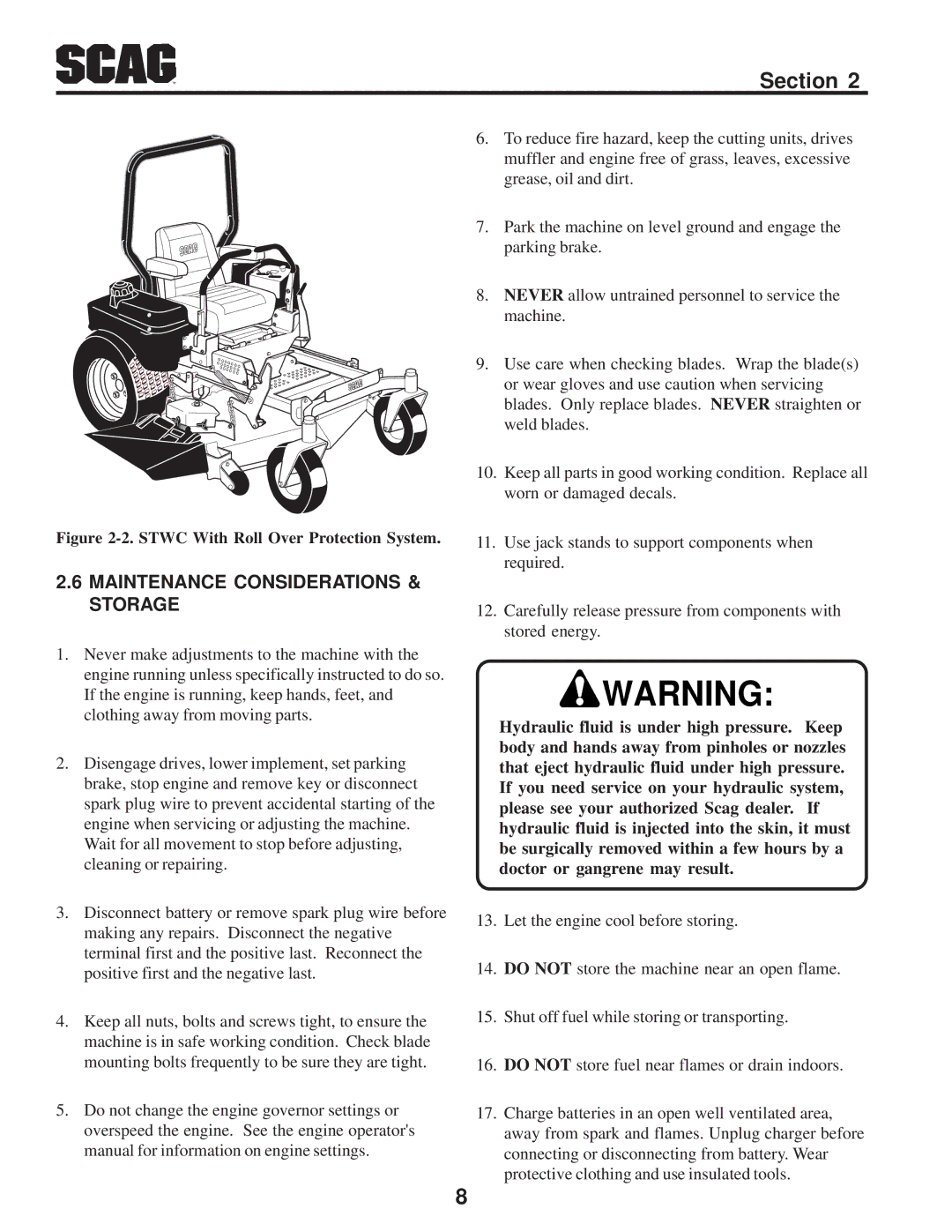 Scag Power Equipment STWC Maintenance Considerations & Storage, Stwc With Roll Over Protection System 