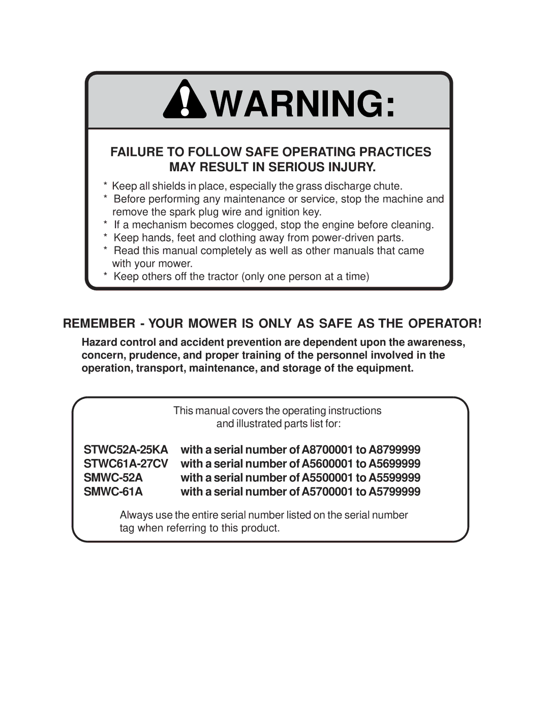 Scag Power Equipment STWC operating instructions Remember Your Mower is only AS Safe AS the Operator 