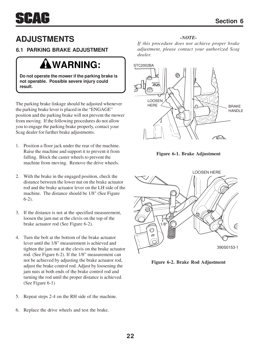 Scag Power Equipment STWC operating instructions Adjustments, Parking Brake Adjustment 