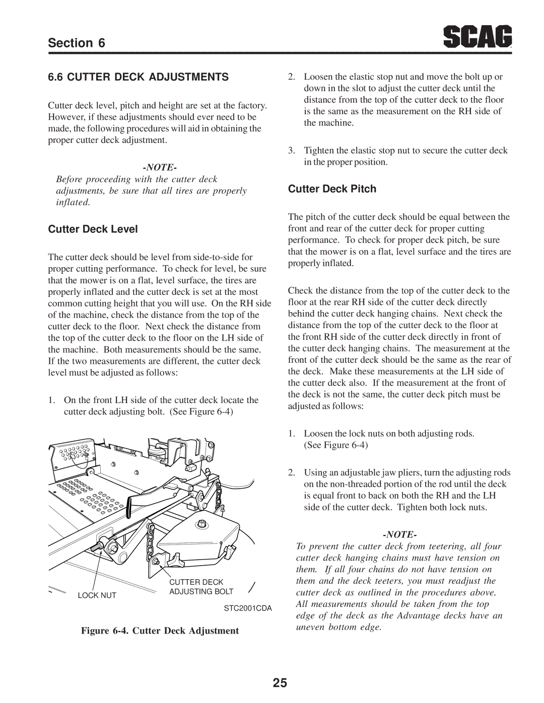 Scag Power Equipment STWC operating instructions Cutter Deck Adjustments, Cutter Deck Level, Cutter Deck Pitch 