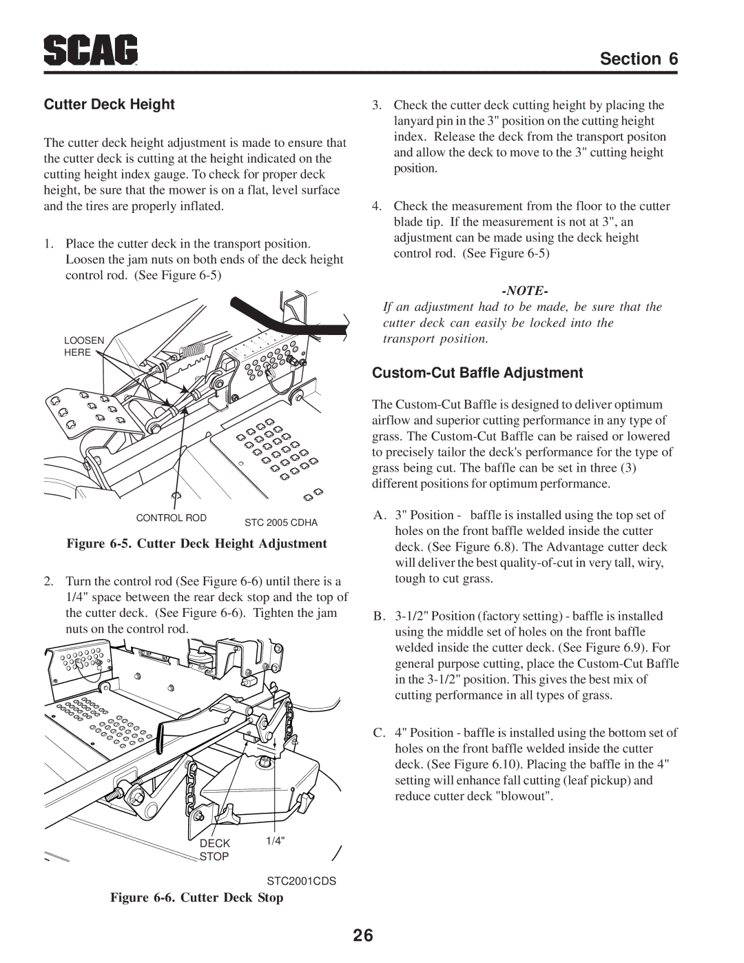 Scag Power Equipment STWC operating instructions Cutter Deck Height, Custom-Cut Baffle Adjustment 